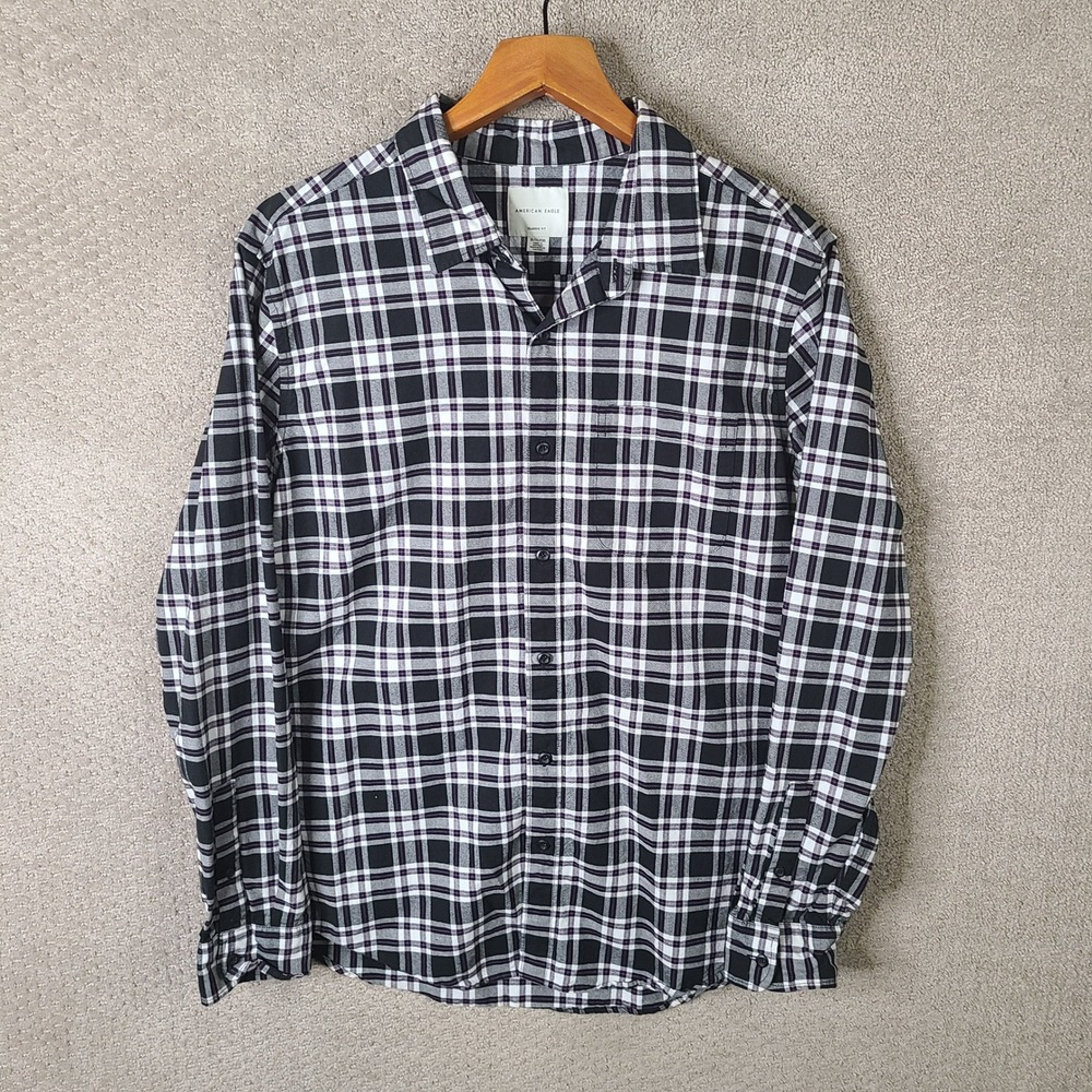 American Eagle Shirt Mens XL Black Purple Plaid Classic Fit Button Down Cotton
